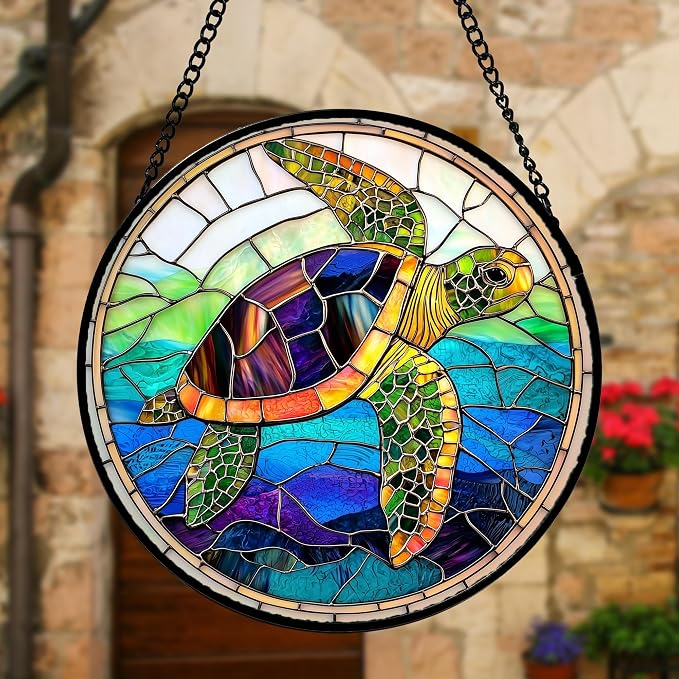 DASTOLL Stained Glass Window Hanging, Colored Turtle Ocean Suncatcher Diamond Glass Panel Hangings Marine Life Sun Catchers Decor for Birthday for Women, Men, Wife, Aunt, Mom 15x15 in