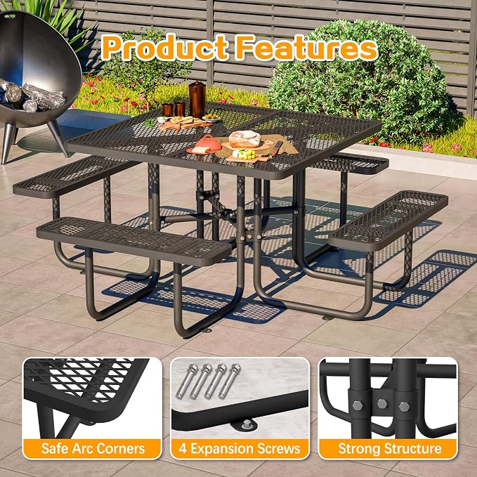 46" Iron Mesh Picnic Table with 1.73" Umbrella Hole Black | Rust & Heat-Resistant Square Outdoor Dining Table for Patio, Park, Backyard – All-Season Use, Safe Rounded Corners