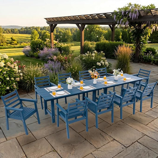 12-Piece Outdoor Dining Set, All-Weather HDPE Patio Furniture, Two 66.5" Slatted Table with 1.6" Umbrella Hole & 10 Ergonomic Armchairs, Heavy Duty 350lbs Capacity, UV Resistant, Blue