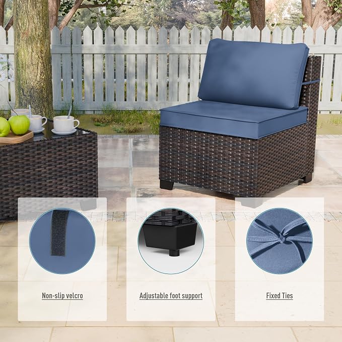 ALAULM 9 Pieces Patio Furniture Set Wicker Patio Conversation Set, Outdoor Sectional Furniture w/Coffee Table & Washable Seat Cushions-Dark Blue
