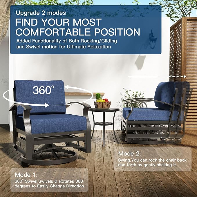 Kullavik Aluminum Patio Furniture Set,8 Piece Modern Metal Outdoor Patio Furniture w/5.1'' Thick Cushion,Swivel Chairs and Propane Fire Pit Table,Patio Conversation Sets for Porch,Deck,NavyBlue