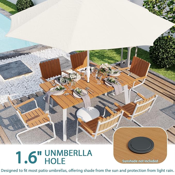 7 Piece Outdoor Conversation Set for 6, HDPE Patio Seating Set with Table and Chairs, All-Weather Outdoor Lounge Furniture with Umbrella Hole for Garden, Porch, Poolside, White & Teak