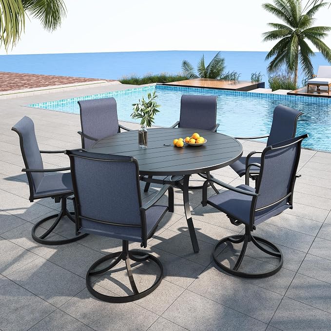Patio Dining Set 7 Suit 6-8 Person 54" Round Table Navy Blue Swivel Chairs | 6 Piece Swivel Chairs: High Back, Curved Armrest, Textilene Fabric, Rocking; 6-8 Person 54 inch Metal Round Table