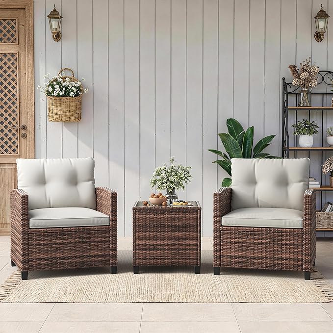 IDEALHOUSE 3-Piece Outdoor Patio Furniture Set, PE Rattan Wicker Conversation Chairs with Tempered Glass Side Table and Removable Cushions, Balcony, Porch & Garden Seating Set, Brown+Beige Cushion