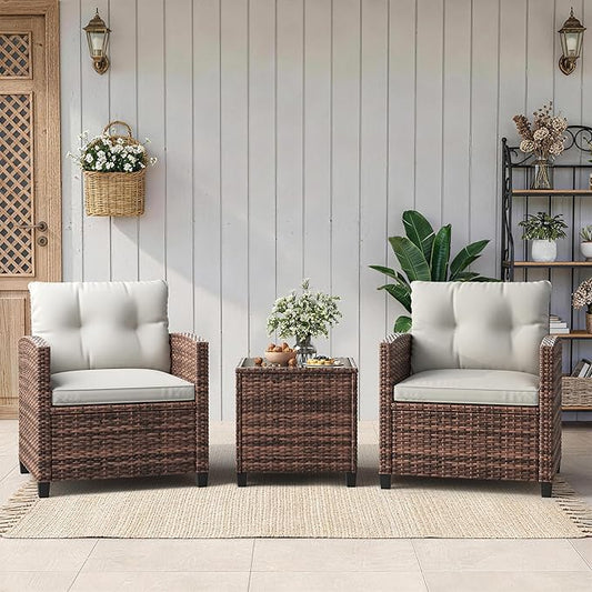 IDEALHOUSE 3-Piece Outdoor Patio Furniture Set, PE Rattan Wicker Conversation Chairs with Tempered Glass Side Table and Removable Cushions, Balcony, Porch & Garden Seating Set, Brown+Beige Cushion
