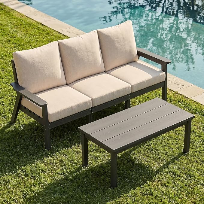 PLUUV 4-Piece HDPE Patio Sofa Set, All-Weather Outdoor Sectional Furniture with Thick Cushions, Modular Couch Set for Deck, Lawn, Gray Frame with Khaki Cushion