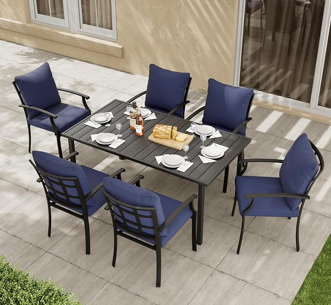 HAPPATIO Outdoor Dining Table for 6, Large Rectangular Metal Patio Table with 1.5" Umbrella Hole, Powder-Coated Frame for All-Weather, Black, Modern Style