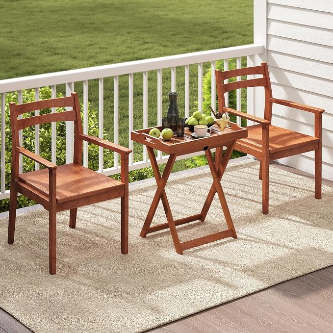 Giantex Outdoor Side Table Set of 2, Wooden Folding Table with Removable Tray Top, Food Serving Tray with Stand for Patio, Porch, Garden, Backyard & Poolside