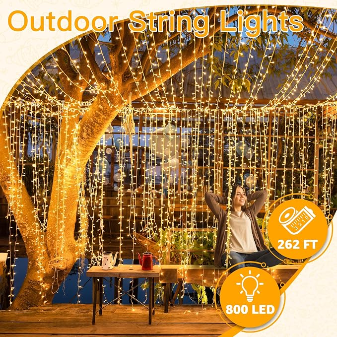 Ollny Christmas Lights Outdoor 800LED 262FT, Warm White Plug in Fairy Light with Remote, 8 Modes Waterproof Timers Dimmable LED String Lights for Indoor House Outside Bedroom Patio Balcony