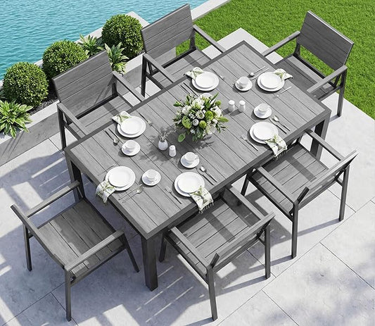 Vexwalx 7-Piece Outdoor Dining Set, Aluminum Dining Table Set for 6, Patio Table and Chairs Set (Gray)