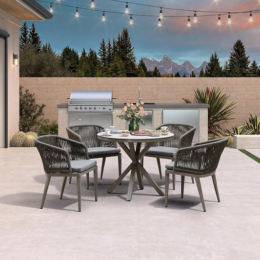 PURPLE LEAF 5 Pieces Patio Round Dining Set Aluminum Frame and Wicker Rattan Round Table and Arm Chairs with Cushions for Garden Porch Kitchen Modern Outdoor Grey
