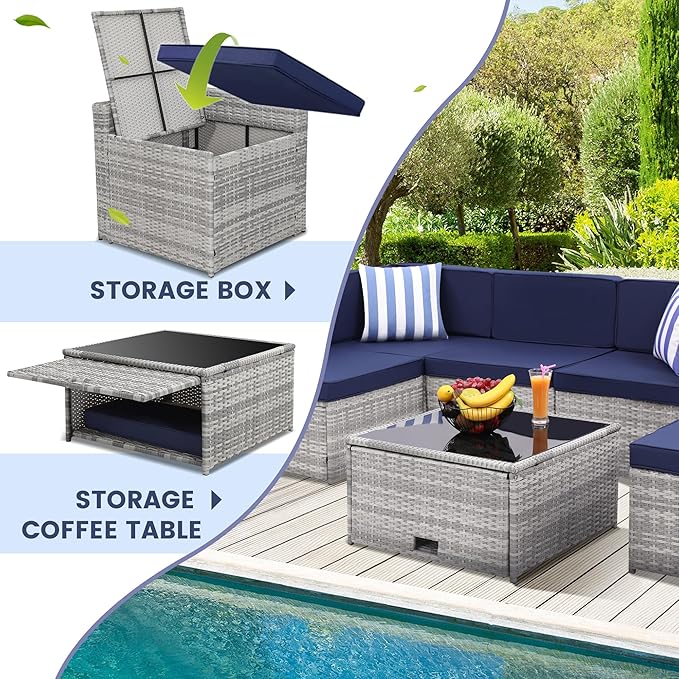 KROFEM 8 Piece Patio Furniture Set, Outdoor Modular Conversation Set, Blue | UV Treated Wickers, Machine Washable Cushions, Seats 6, 2 Hidden Storage Compartments, Rustproof Frame, Waterproof