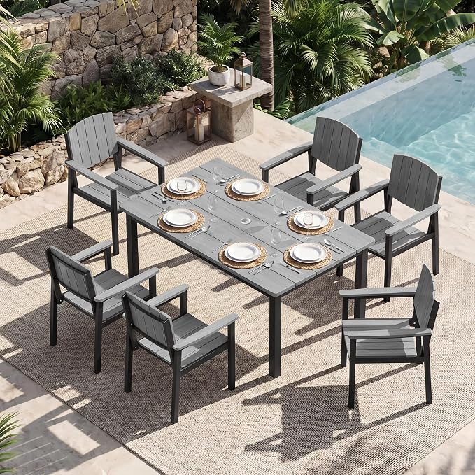 Outdoor Dining Sets Patio Table and Chairs Set 7-Piece, Aluminum Frame HDPS Faux Wood, All Weather Patio Dining Set with Umbrella Hole for Garden Backyard Poolside Grey