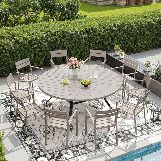 DIFY 11 Piece Outdoor Patio Dining Set for 10, 63" Round Dining Table with Umbrella Hole and Stackable Metal Chairs, Patio Table and Chairs Set for Backyard Garden Poolside, Grey Wood-Like & Sandshell