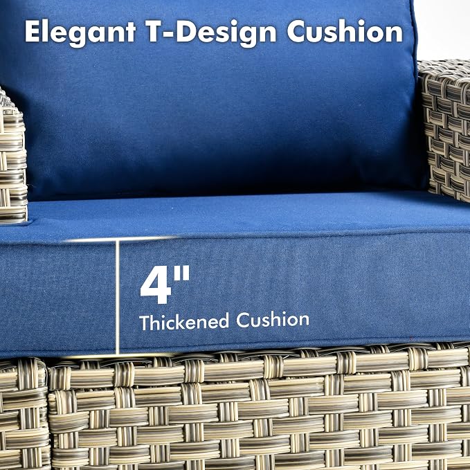 Weaxty 10 Pieces Outdoor Patio Furniture Set with Swivel Rocking Chair, Outdoor Sectional Sofa Couch Wicker Modular Patio Conversation Set w/42 Fire Pit and Coffee Side Table,Navy Blue