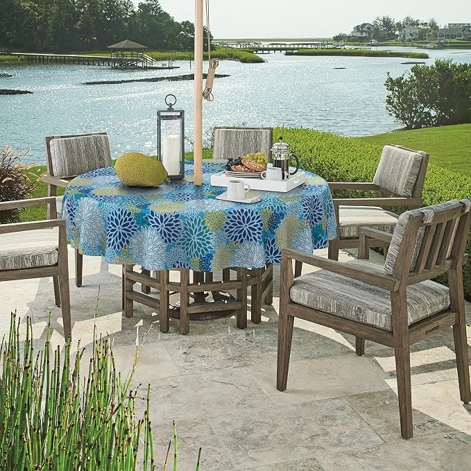 DYTXIII Outdoor Round Tablecloth with Umbrella Hole 60 Inch, Water Repellent & Fade Resistant Table Cover, All Weather Outdoor Tablecloth for Garden & Party Table, Dahlia Blue