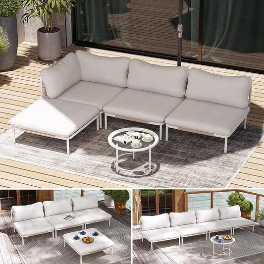 Patio Furniture Set, Outdoor Patio Furniture Oversized Metal Single Sofa, 4-seat Conversation Set with Cushion for Indoor and Outdoor, White Frame and Beige Mat, （4Seats 4 Armrests）
