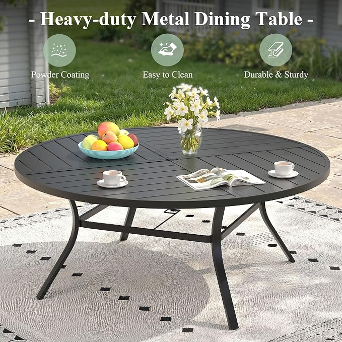 Outdoor Dining Set for 8, 63.1" Outdoor Dining Table with Umbrella Hole and Padded Textilene Patio Swivel Chairs, 9 Pieces Patio Table and Chairs Set for Garden Backyard, Mixed Brown and Black