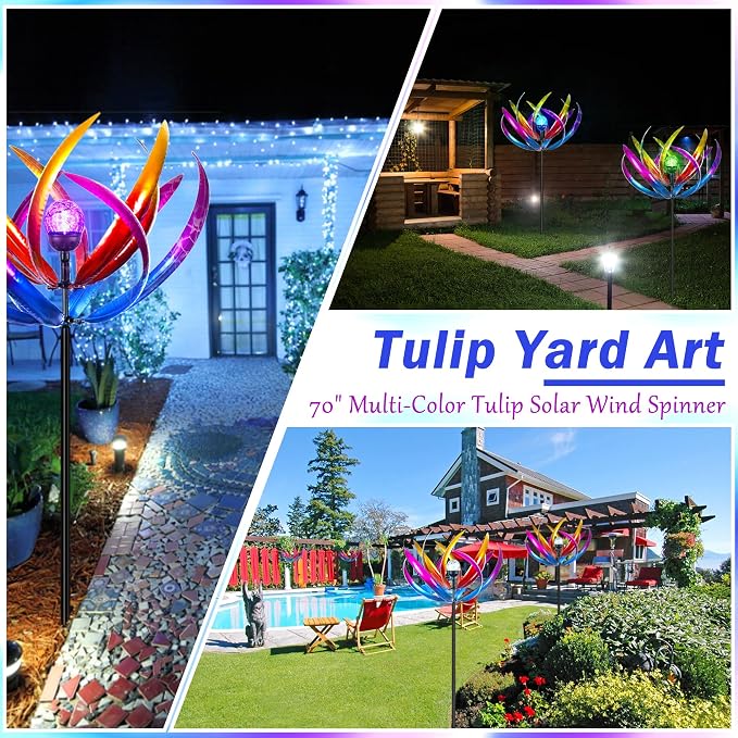 70 in Large Wind Spinners Outdoor, Solar Wind Sculpture, Purple | Metal Windmill with Solar Multi-Color Light, All Weather Decor , Ideal Yard Art for Garden, Backyard, Lawn & Outdoor Decor