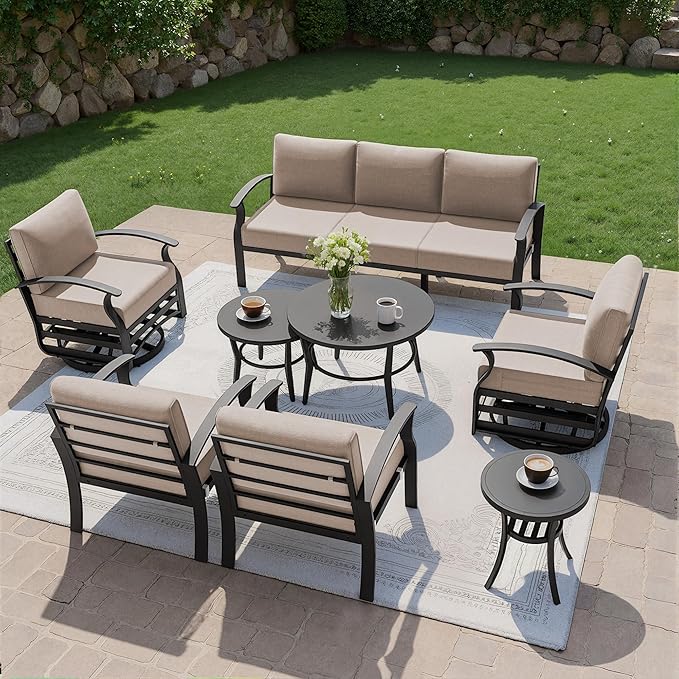 Kullavik Aluminum Patio Furniture Set,7 Piece Modern Metal Outdoor Patio Furniture w/5.1'' Thick Cushion,Swivel Chairs and Round Coffee Table,Patio Conversation Sets for Porch,Deck,Sand