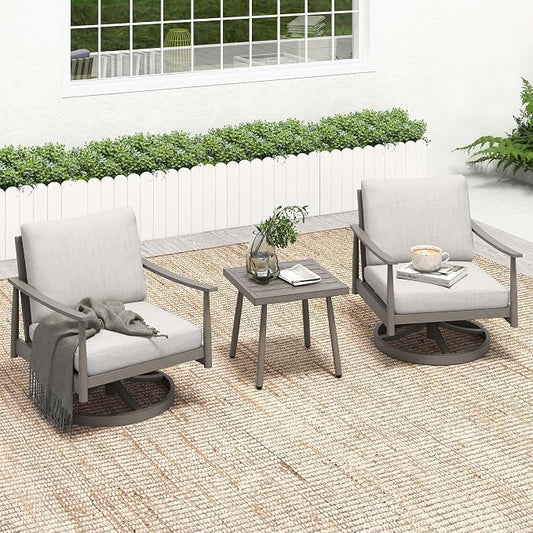 HAPPATIO Patio Conversation Set 3 Pieces, Patio Aluminum Conversation Furniture Set, 2 Swivel Chairs with Backrest Rope Design and 1 Side Table for Garden, Pool, and Lawn (Grey)