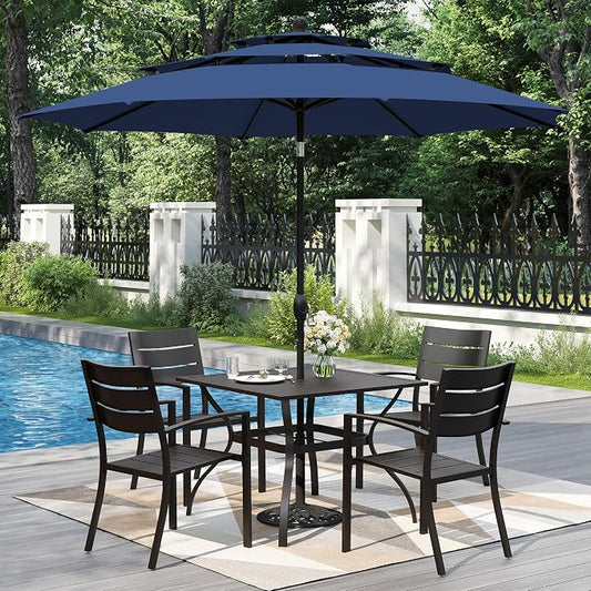 PHI VILLA 5 Pieces Outdoor Dining Set with Umbrella for 4 | 37" Square Metal Table & Stacking Chairs&3-Tier Blue Umbrella,Outside Furniture Set for Patio,Deck,Porch,Backyard