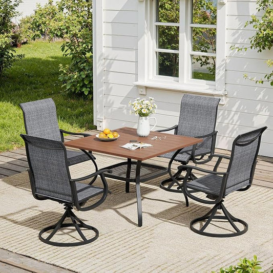 VICLLAX 5 Pieces Patio Dining Set, Patio Furniture Set of 4 Patio Swivel Dining Chairs and Square Patio Table with Storage Shelf, Dark Charcoal Chairs & Walnut Tabletop