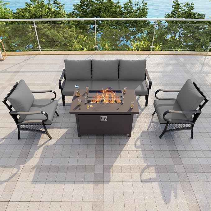 4-Piece Outdoor Furniture Set, Patio Conversation Set Include 3-Seater Sofa Couch Single Chairs with Fire Pit Table for Deck, Porch, Garden, Backyard, Poolside (Gray Cushions)