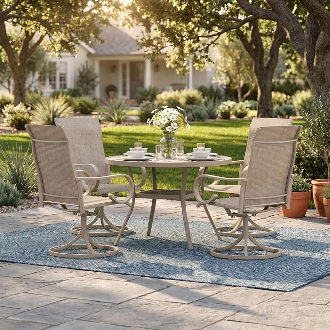5 Pieces Patio Dining Set, 4 Outdoor Swivel Dining Chairs with 40.7" Round Metal Outdoor Dining Table with Umbrella Hole for Garden Backyard Deck, Sandshell