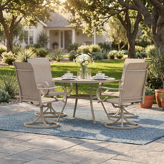 5 Pieces Patio Dining Set, 4 Outdoor Swivel Dining Chairs with 40.7" Round Metal Outdoor Dining Table with Umbrella Hole for Garden Backyard Deck, Sandshell