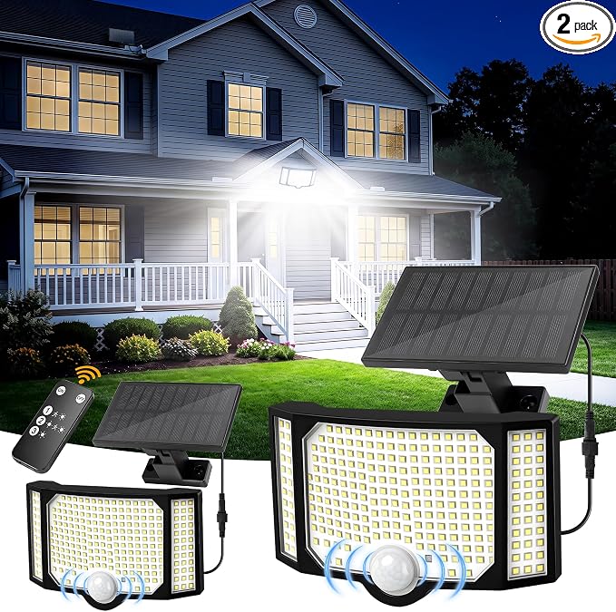 Solar Flood Lights Outdoor with Motion Sensor 3 Modes, 2 Pack | 182 Leds Solar Motion Lights, 3 Head 270° Wide Angle, IP65 Waterproof Security Lights with 16.4FT Cable for Patio Yard Garage