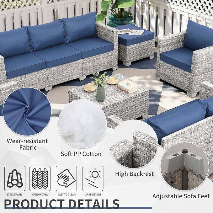 WAROOM Patio Furniture Set 7 Piece Grey Wicker Outdoor Conversation Sets PE Rattan Sectional Sofa with Storage Coffee Table and Anti-Slip Navy Blue Cushion