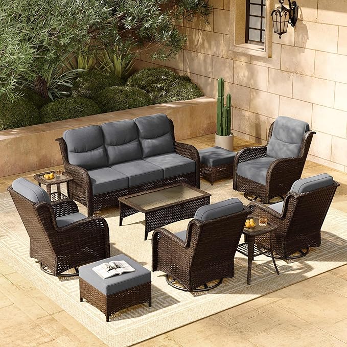 HILLGA 10-Piece Luxury Patio Furniture Set with 6" Thick Cushions, Weather-Resistant Wicker High Back Swivel Rocker Chairs, Senior-Friendly Outdoor Sofa Set for Large Deck, Yard and Poolside, Gray(V2)