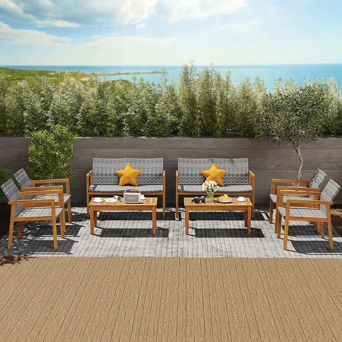 Tangkula 8 Pieces Outdoor Furniture Set, Acacia Wood Frame Sofa Set w/Rattan Seat & Back, Patio Conversation Set w/Coffee Table for Balcony, Poolside, Backyard