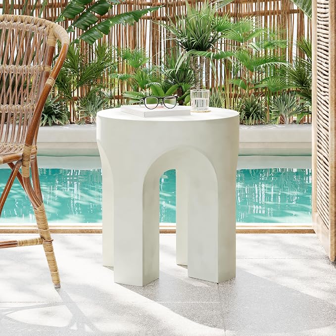 Christopher Knight Home Ottilie Outdoor Side Table, Lightweight Concrete Garden Stool with Four Legs Shaped, Decorative Accent Table Patio End Table for Patio Balcony Beach Pool Side, Antique White