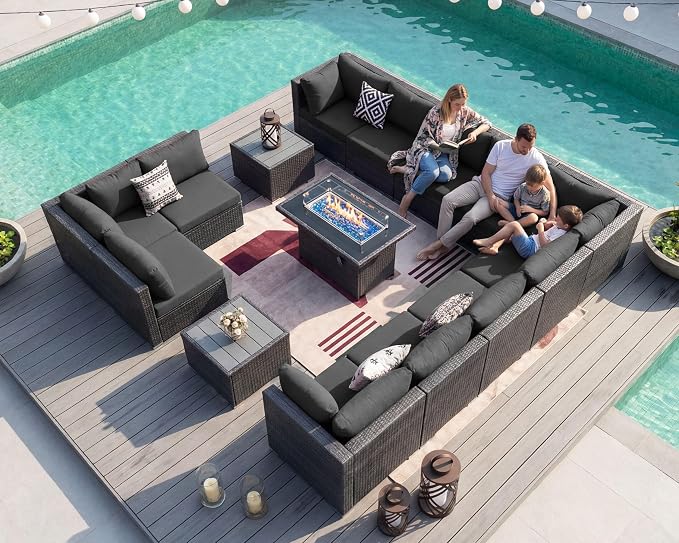 NICESOUL 15 Piece Outdoor Patio Furniture Set with Fire Pit, Extra Large Wide Outdoor Deep Seated Sectional, Cozy 29.3'' High-Back Modular Couch, 500 Lbs High Weight Capacity Wicker Sofa, Dark Gray