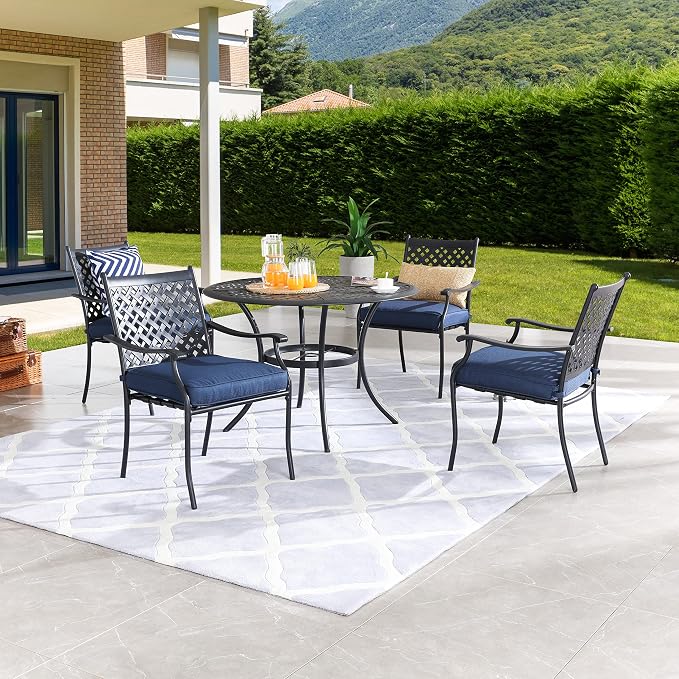 LOKATSE Home 5 PCS Outdoor Patio Dining Set with 4 Armchair with Cushions and 1 Round Table with 2.04" Umbrella Hole for Garden Backyard Poolside