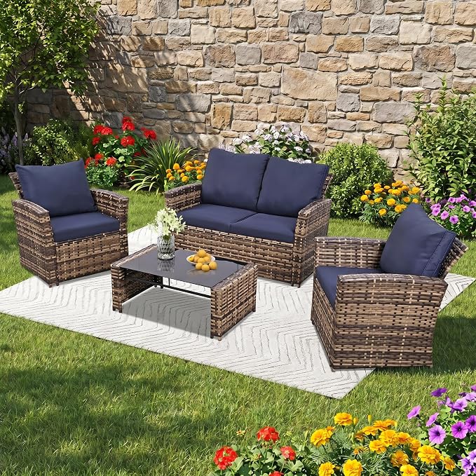 FHFO 4 Piece Outdoor Wicker Patio Furniture Set, Yellow/Blue | Sectional Sofa | All-Weather Hand-Woven Rattan | Tempered Glass Coffee Table | Durable Fabric | Indoor & Outdoor Use