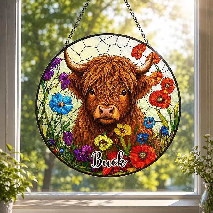 Personalized Vintage Highland Cow Stained Glass Suncatcher - Custom Photo Name Round Window Hanging Panel Portrait Plaque Farmhouse Farm Decor Christmas Birthday Gift for Cow Lovers