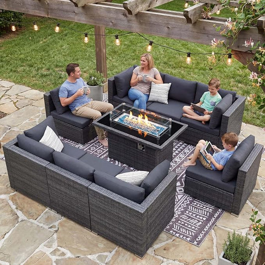 NICESOUL 9 Piece Modern Oversized Outdoor Patio Furniture Set with Firepit Table Propane/Natural Gas, 29.3'' High Back Deep Wide Conversation, Luxury 8 Seats Modular Sectional for Backyard, Gray