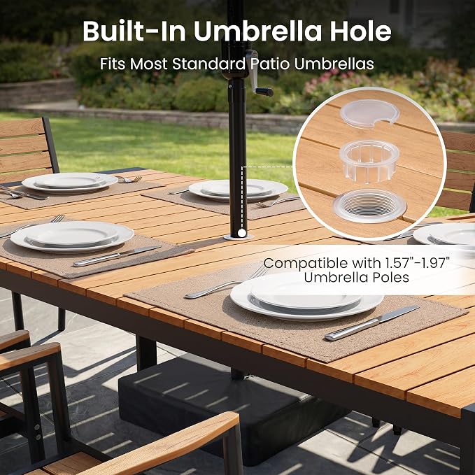 Crestlive Products 95" Outdoor Dining Table for 10, Aluminum Patio Dining Table with Umbrella Hole Weather-Resistant Rectangle Outside Table for Garden Backyard Deck, Brown