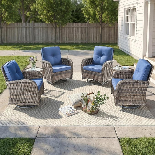 Outdoor Swivel Glider Rocker Chairs Set of 4 - Wicker Patio Furniture Set All Weather Patio Conversatio Sets with 2 Tempered Glass Side Table for Deck Backyard - Brown Wicker Blue Cushion