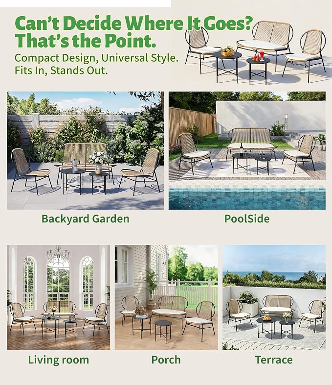 5-Piece Outdoor Patio Furniture Set, Wicker Sofa and Chairs with Cushions, PE Rattan All-Weather Conversation Set with Coffee Table for Backyard, Patio, Poolside, Garden, Deck Natural Wood