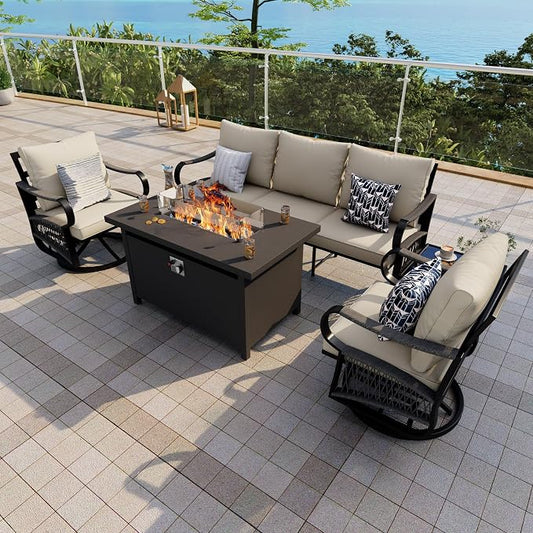 5-Piece Outdoor Furniture Set, Metal Swivel Rocking Chairs with All-Weather Cushions, Rope Patio Conversation Set with Fire Pit Table for Deck, Porch, Garden, Backyard, Poolside (Beige Cushion)