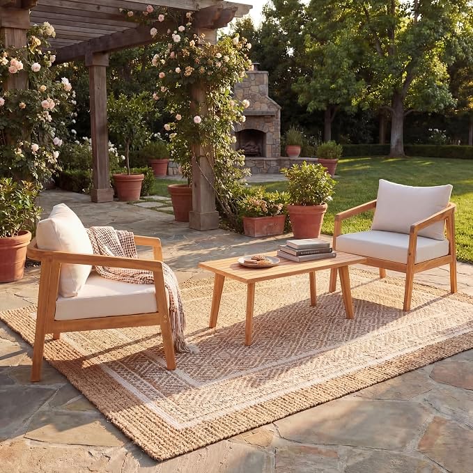 Christopher Knight Home Sures Acacia Wood Club Chair and Coffee Table Set, 3 Piece Patio Bistro Set, Solid Wood Outdoor Patio Furniture Set with Center Table, Natural+Beige