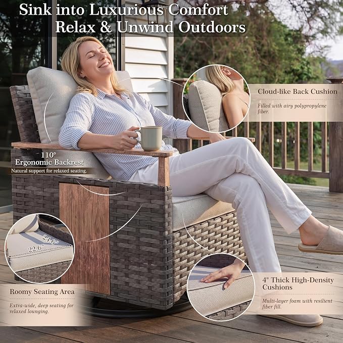 NestNook 4 Pieces Patio Furniture Set, Outdoor All-Weather Handwoven PE Wicker Swivel Chairs, Conversation Set with Coffee Table, Loveseat & Thick Cushion for Backyard, Deck & Poolside, Beige