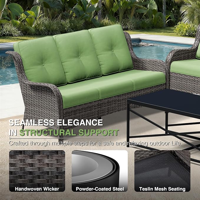 Joyside 6 Piece Wicker Patio Furniture Set, Rattan Patio Chairs with High Back, Deep Seating, Wide Armrest, Thickened Cushions, Outdoor Furniture for Deck, Porch Use