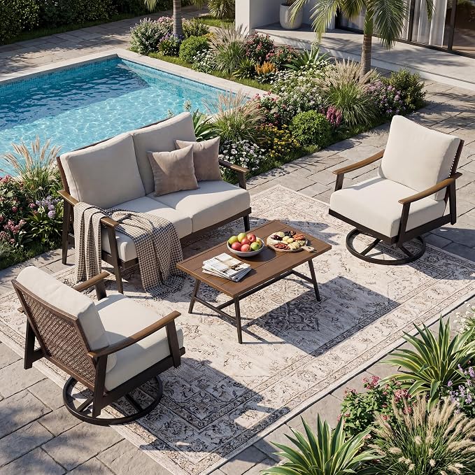 NATURAL EXPRESSIONS Patio Conversation Sets for 4, Wicker Patio Furniture Set with 6" Olefin Cushions, Outdoor Furniture Set with for Patio, Garden, Backyard