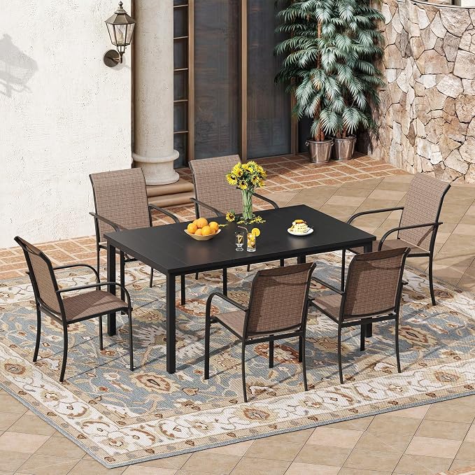 VICLLAX 7 Pieces Patio Outdoor Dining Set, 63" Rectangular Metal Dining Table with Umbrella Hole and 6 Stackable Textilene Chairs for Lawn, Garden, Porch, Black/Brown