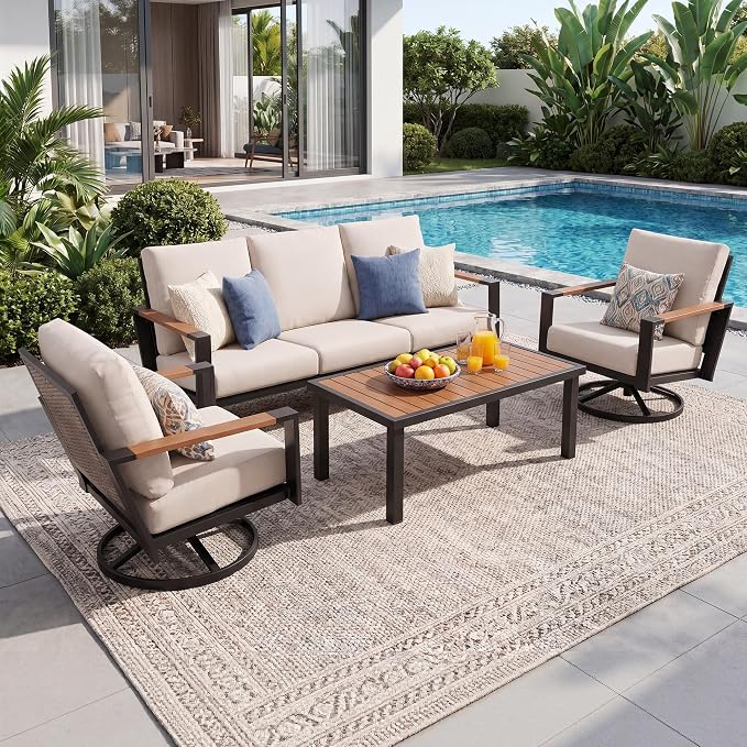 Natural Expression Patio Furniture Set, 4 Piece Metal Outdoor Conversation Set with 2 Swivel Rocker, 3-seat Sofa, Handwoven Wicker Back & Fauxwood Tabletop, 3" Wide Arm with 6" Cushion for Porch, Yard